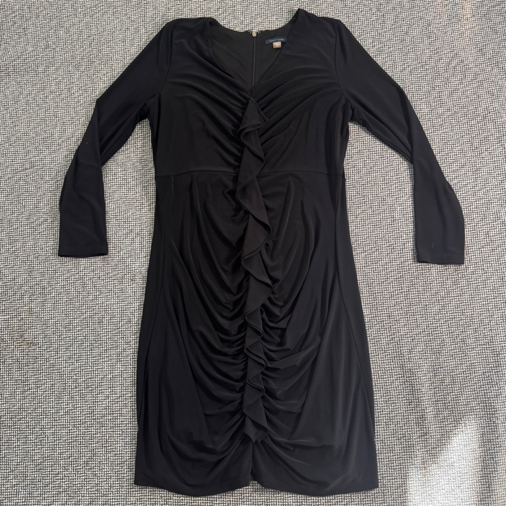 Tommy Hilfiger Womens Black Ruched Ruffle Front V-Neck Sheath Dress Size 16
